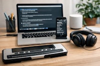 “Accessible workspace with a laptop, braille display, smartphone showing VoiceOver settings, and headphones on a desk.”